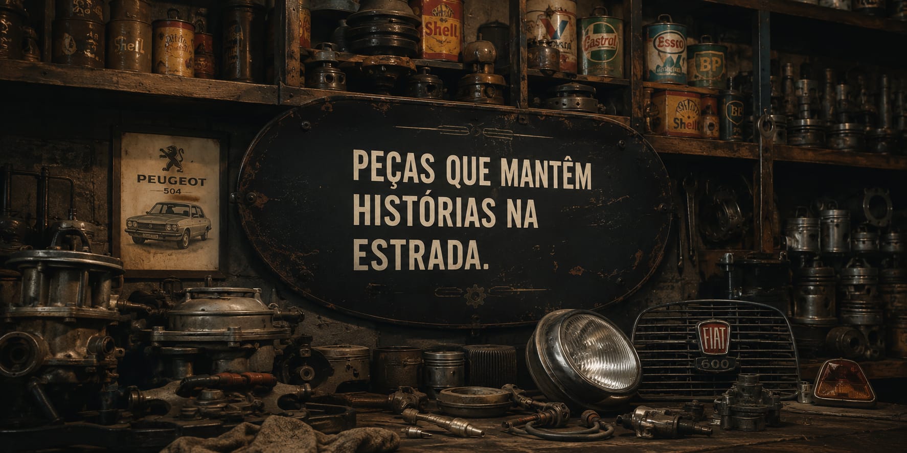 Peças clássicas e latas vintage de óleo numa oficina